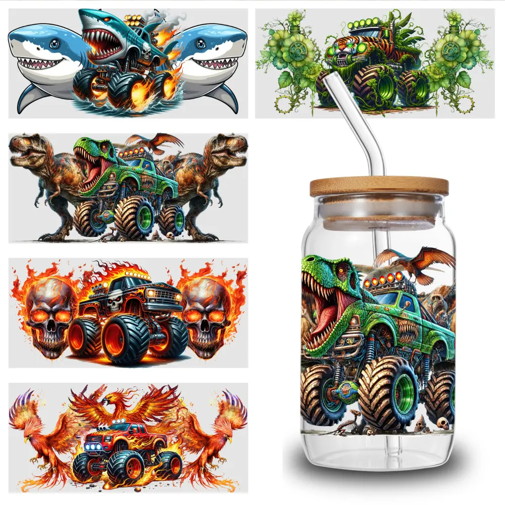 5 Sheets Dinosaur Truck uv dtf transfer sticker Plastic Self-Adhesive Labels Mug Decoration Gift Flower Waterproof DTF Transfer Decor Cups Decoration magnetic series graffiti