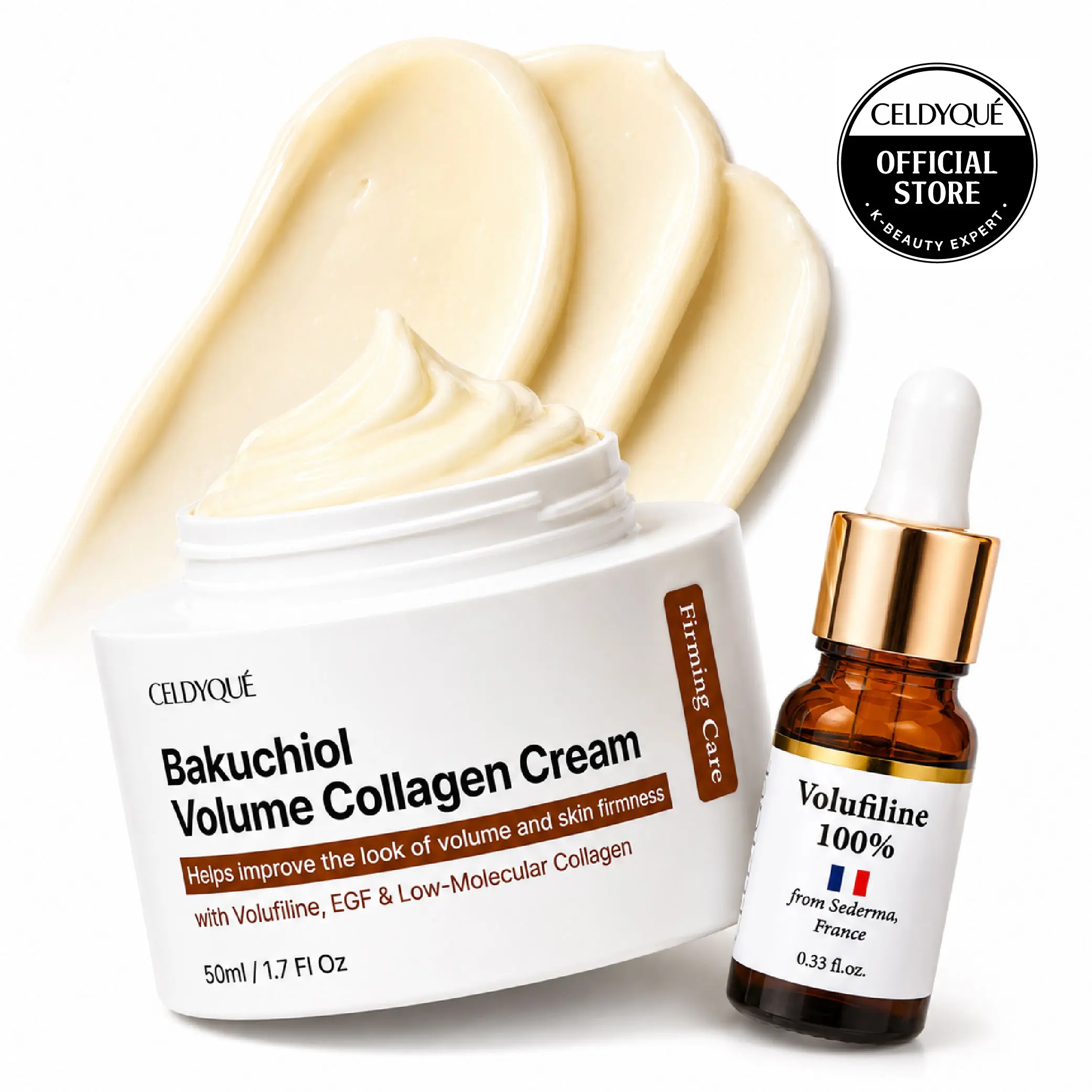 [CELDYQUE] Volufiline 100% Concentrate Serum + Bakuchiol Volume Collagen Cream Duo, Daily Gentle Evening Skincare with EGF, Low-Molecular Collagen, Hyaluronic Acid, Snail Mucin, 10ml + 50ml