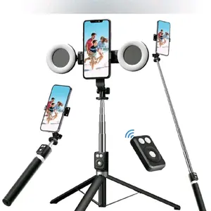 6-in-1 Selfie Tripod with Dual Fill Lights & Wireless Remote Portable Adjustable Phone Stand for Vlogging 360° Rotating Compact Travel Tripod Stick with Rechargeable Battery Perfect for Android Bluetooth Extendable Black