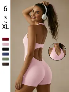 Women's Lace V-Neck Yoga Suit, Sexy Backless Butt-Lifting One-Piece Shorts, Quick-Dry Sports Gym Wear, Home Comfortable Fitness Clothes, Workout Jumpsuits