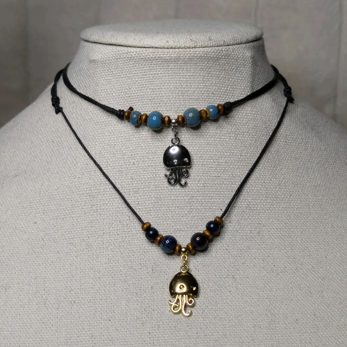 Jellyfish Ocean Charm Stainless Steel Charm Ceramic Beaded Silver or Gold Boho Hippie Whimsical Adjustable Black Rope Cord Choker Stacking Necklace jewelry
