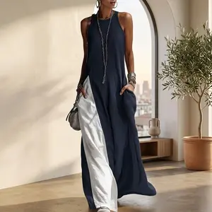 Minimalist Contrast Maxi Dress with Pockets - Sleeveless Casual Loose Fit Sundress, Trendy Quiet Luxury Aesthetic, Elegant Modest Vacation Long Dress 2026