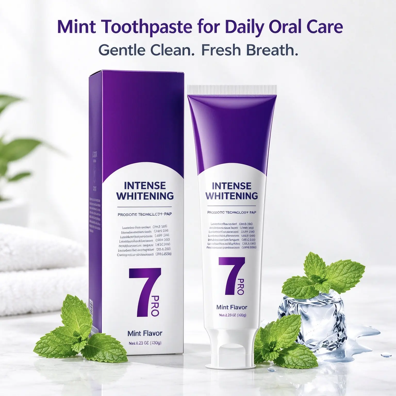 7PRO PAP Probiotic Whitening Toothpaste, Mint Flavor 140g. Helps reduce surface stains from coffee and tea, supports balanced oral microbiome, delivers long-lasting fresh breath for daily gentle oral care.