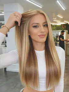 Blonde Stripe Caramel Brown 28" Lace Front Wig 13x4 HD Transparent Lace Heat-Resistant Synthetic Straight Hair Pre-Plucked Natural Hairline Free Parting for Daily Wear