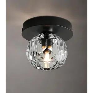 Crystal Small Chandelier Light Fixture: K9 Crystals Brass Semi Flush Mount Ceiling Lights - Black Globe Wall Sconce - Modern Mini Chandeliers for Bedroom Hallway Bathroom Living Room Entrance Closet