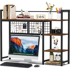 38.6" Desktop Organizer Shelf, Desk Hutch for Computer Monitor, 4 Tier Desk Display Rack with Pegboard Hooks Set, Wood Desktop Bookshelf for Home Office Dorm