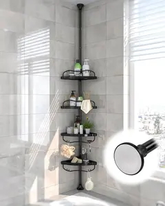 Corner Shower  Tension Pole - 125 Inch Tall Adjustable Inside Shower Organizer 4-Tier Rustproof Bathroom Organizer Shelves for Bathtub Shampoo Conditioner Storage, Floor to Ceiling Standing