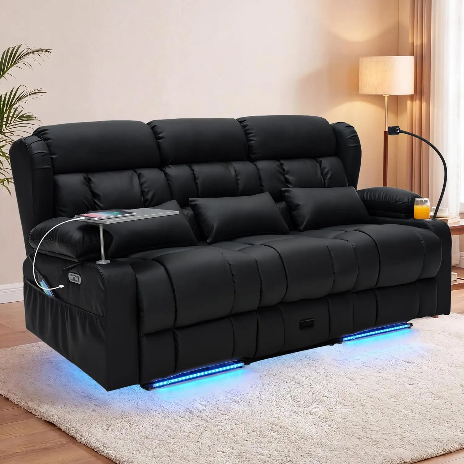 【JOYVELLEHEIM】3-Seat Power Recliner Sofa with Console - Massage, Heat, LED Theater Seating, USB Charging, Cup Holders, Drawer, 360° Tray Table, Phone Holder, Lumbar Heating - Multiple Color & Fabric Options for Adults, Reading, Watch Party, Led Lighting,,