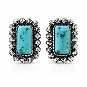 Western Cowgirl Concho Stud Earrings with Rectangular Turquoise or Pink Stone, Antique Silver Tone Statement Jewelry for Women, Lightweight, Unique Design Earrings, Ear Accessories
