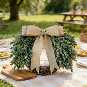 Minimalist Plant Wreath, Leaves with Large Jute Bow, All-Season Rustic Farmhouse Porch and Entryway Decor