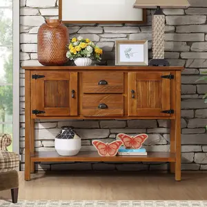 [Fahuac] Solid Wood Console Table - Drawer-Equipped, 4-Compartment, Handle, High-Capacity, Large Capacity Sideboards, 2 Drawers, 2 Cabinets, 46.5x14x34in, 220LB Load, for Living Room, Drawer-Equipped Sideboards