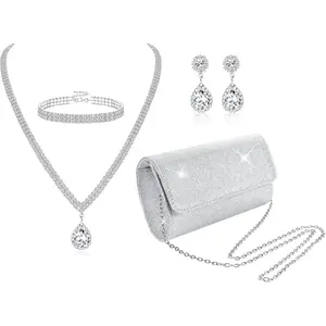 4Pcs Silver Clutch Purse Jewelry Set for Women Evening Rhinestone Purse Crystal Necklace Earrings Bracelets Set Silver Accessories for Women Bride Wedding Jewelry SpringStatements