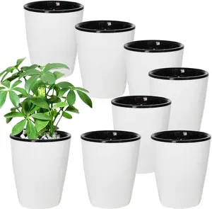 8 Pack 4 Inch Self Watering Plastic Planter with Inner Pot White Flower Plant Pot,Modern Decorative Flower Pot for All House Plants,Flowers,Herbs,Violets