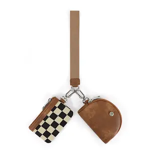 Checkered Wristlet Wallets for Women Checkerboard Dual Pouch Keychain Wristlet Coin Purse with Card Holder