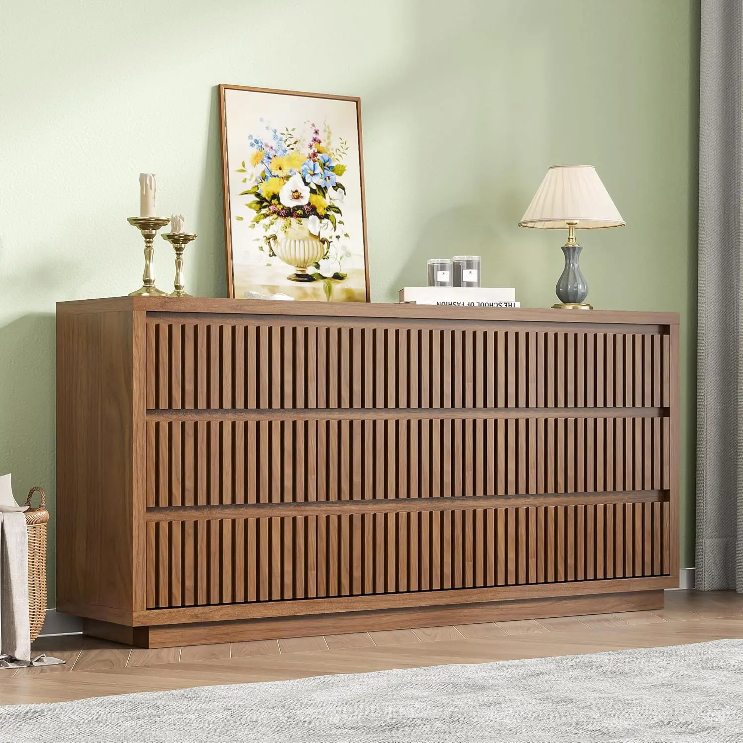 Fluted 9-Drawer Wood Dresser - 58" Wide Mid-Century Bedroom Dresser, Fluted Storage Cabinet, Modern Drawer Sideboard for Bedroom, Multi-Use Vintage Clothes Organizer, Unique Decor Piece, Wood Dressers