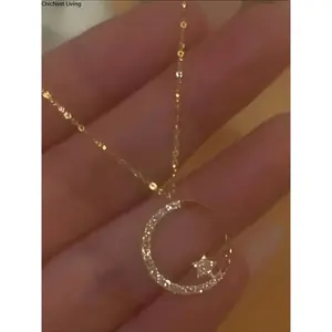 Elegant Zircon Moon Star Pendant Necklace for Women, Simple Style Daily Commute Jewelry, Versatile and Chic Accessory