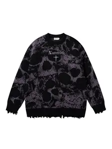 Men's Gothic Skull Embroidered Graphic Sweater, Casual Round Neck Knitwear for Fall & Winter, Fashionable Long Sleeve Knitted Pullover
