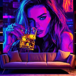 2D Flat, Tapestry 2D Flat Banner, 1pc, Wine Glass Beauty Theme UV Blacklight Graffiti Neon Wall Art Fluorescent Tapestry, Suitable for Home, Dormitory, Living Room, Bedroom, Office, Courtyard, Indoor/Outdoor Game Room, Club, Party Decoration, Wall