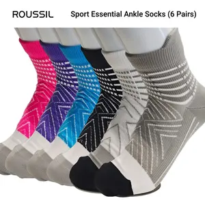 ROUSSIL Sport Essential Ankle Socks - Women's Compression Ankle Support, Moisture Wicking Cushioned Athletic Socks for Plantar Fasciitis Relief, 6 Pairs