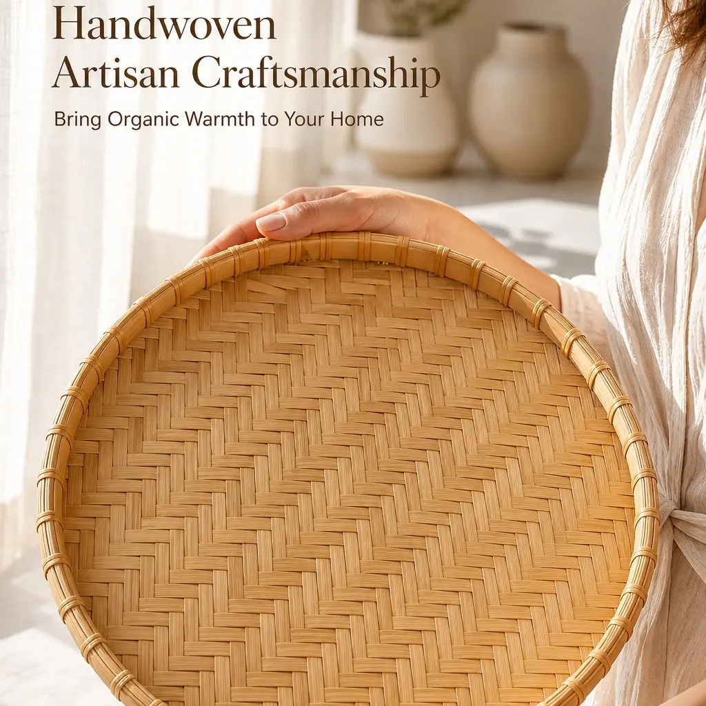 3-Piece set Vietnamese traditional handmade round rattan wicker service basket tray food kitchen bamboo fruit basket tray with handle home decoration tray