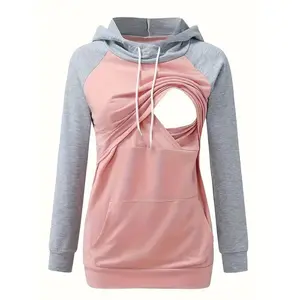 Women’s maternity contrast color hoodies — fashionable hooded sweatshirts for breastfeeding, suitable for fall and winter; pregnant clothing
