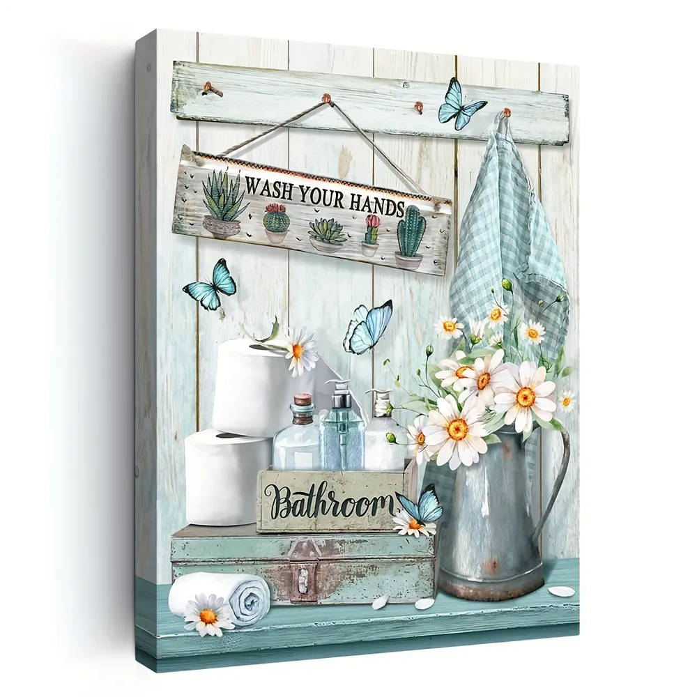 1pc Wooden Framed Farmhouse Bathroom Decor Wall Art Rustic Flower And Butterfly Bathroom Pictures Canvas Print Teal Country Bathroom Wall Decor Vintage Bathroom Wall Art With Framed Ready To Hang Decoration Decorative wall decor poster posters wall art