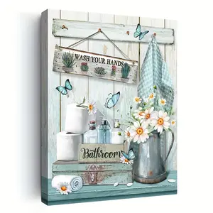 1pc Wooden Framed Farmhouse Bathroom Decor Wall Art Rustic Flower And Butterfly Bathroom Pictures Canvas Print Teal Country Bathroom Wall Decor Vintage Bathroom Wall Art With Framed Ready To Hang