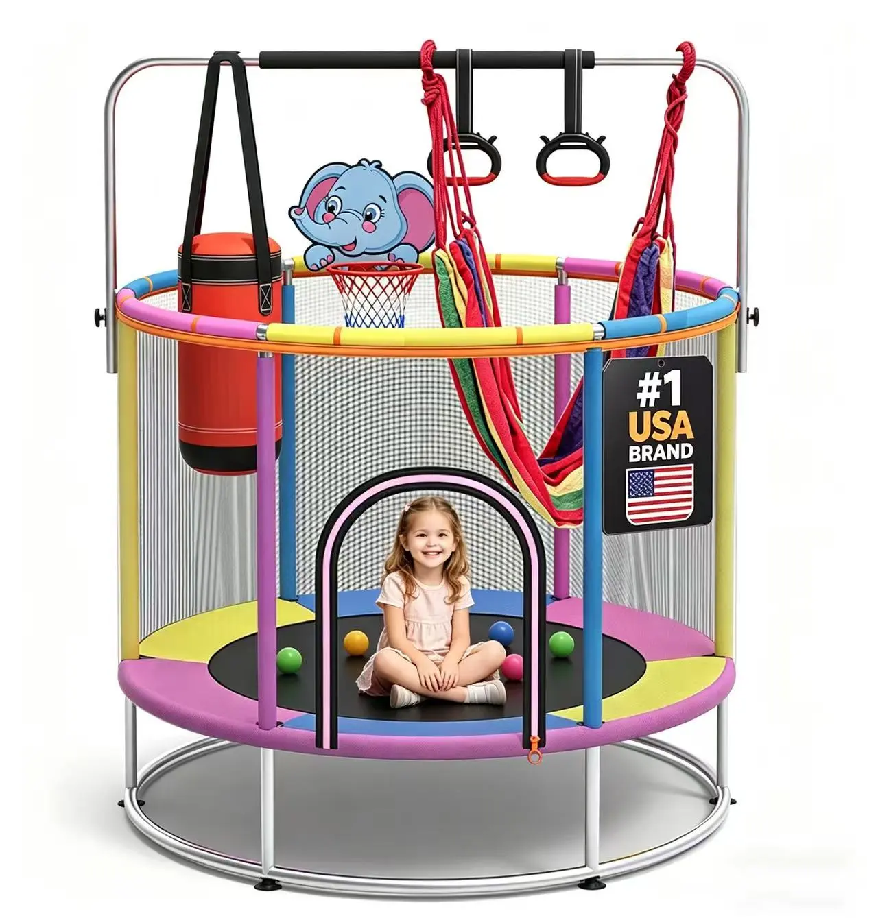SEAGULL 55" Trampoline for Kids with Enclosure, 440lbs Capacity Indoor & Outdoor Toddler Trampoline with Adjustable Gymnastics Bar & Toys, for Boys & Girls