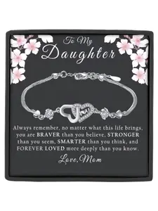 1 Pc Forever Double Heart Design Bracelet Engraved With I LOVE YOU For Daughter, Gift From Mom,Birthday Gift and Party Gift,With Card and Gift Box, Heart Shaped Bracelet