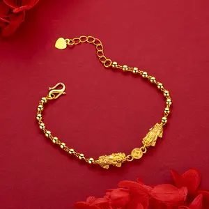 Sand Gold Pi Xiu Gold Brass Figaro Chain Bangle - Taoist Blessed Wealth-Attracting Fortune-Guarding Beast Motif, Shiny Beading, Fashion Jewelry Accessories, Exquisite Trendy Bracelet, High Quality Bracelet, DIY Beading & Jewelry Making Accessory