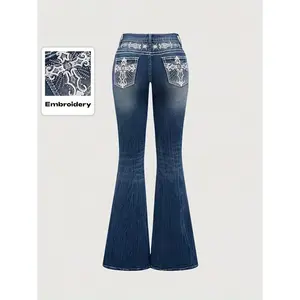 Lady's Comfortable Flared Denim Trousers - Women's Maxi Bottoms with Embroidered Back Pocket and Rhinestone Embellishments