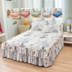 2/3pcs Floral Ruffled Bed Skirt Fitted Sheet Set with Pillowcases, Elastic Corner Straps, 38cm Dust-Hiding Drop, Ideal for Home, Apartment & Dorm