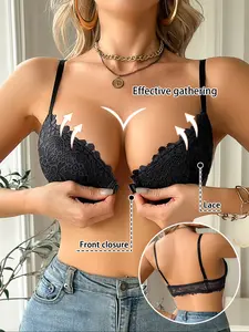 Sexy Deep V Lace Floral Lingerie Underwear Bra for Women with Front Clip Design, Maximum Lift and Medium Support, Slim-Fitting All Seasons Bra, Womenswear