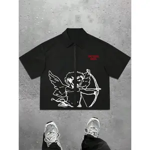 Men's Angel & Bow Print Zip Up Short Sleeve Shirt, Casual Trendy Shirt, Loose Casual Street Short Sleeve Collared Top for Summer, Fashion Men's Clothes for Daily Wear, Men's Clothing