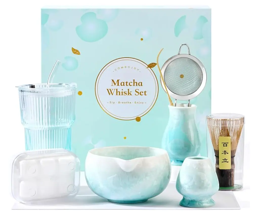 9-Piece Blue Matcha Set - Ceramic Bowl with Crystalline Glaze, Bamboo Whisk, Clean Whisk Holders, Scoop, Sifter with Holder, Lidded On-the-Go Cup, Straw, Ice Cube Tray, Tea Towel - Christmas Gift for Women, 9 Pieces