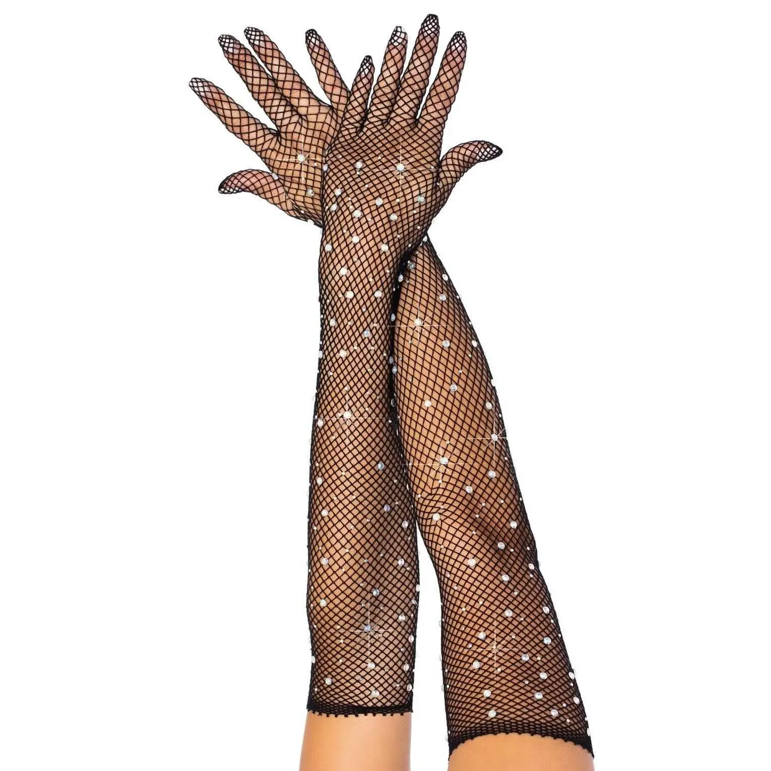 Women's Fishnet Gloves, Opera Length Stretch Nylon with Rhinestone Sparkle Accents for Female Adults, Parties, Music Festivals and Halloween, Halloween Glam, Party Outfit Boost
