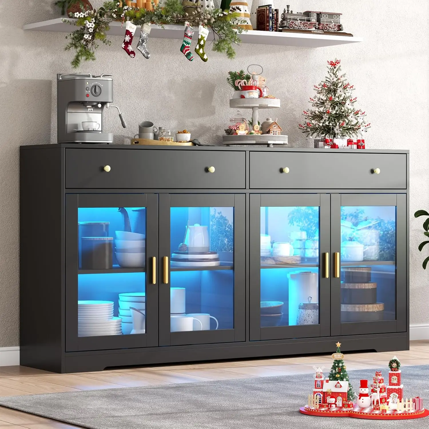 Gyfimoie Sideboard Buffet Cabinet with LED Lights, 55.1 Storage Cabinet with 2 Large Drawers & 4 Glass Doors, Modern Kitchen Display Cabinet with Adjustable Shelves, Coffee Bar for Kitchen Living Room (Black) drawer Furniture Organization