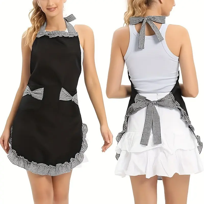 Cute Bow Long Apron for Home Kitchen, Household, Girl's Apron, Neck-Hanging Maid Apron, Cute Ruffle Apron, Kitchen Aprons