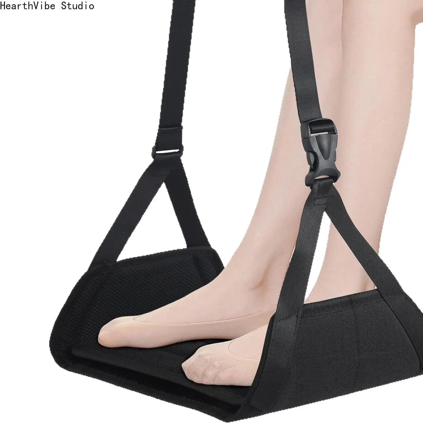 Ergonomic Memory Foam Airplane Foot Hammock - Sturdy, Flat, Black with 44*23cm Bundle Bag, Adjustable Unisex Portable Office Desk Footrest, Storage-Friendly for Long Flights & Cruise Cabins