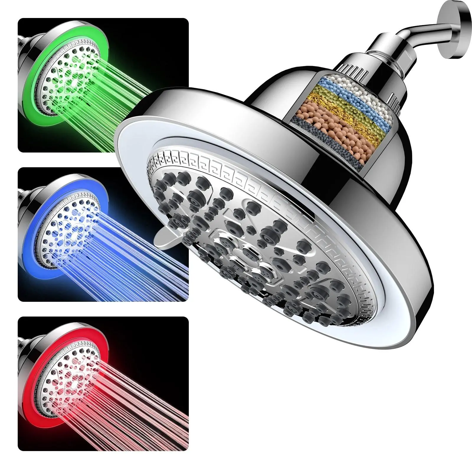 Filtered Shower Head with LED Color Changing, 7 Modes High Pressure Rain Shower Head with Filters, Water Softener Showerhead for Hard Water Remove Chlorine, Reduces Dry Itchy Skin & Hair