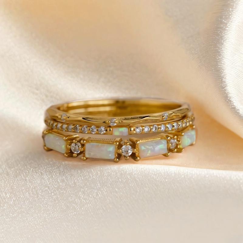 Women's 3-Piece Romantic Jewelry Gift Ring Set - Elegant Synthetic Opal Accent Mix Bands, October Birthstone Easy Stacking Wedding Ring Sets for Bridal Promise