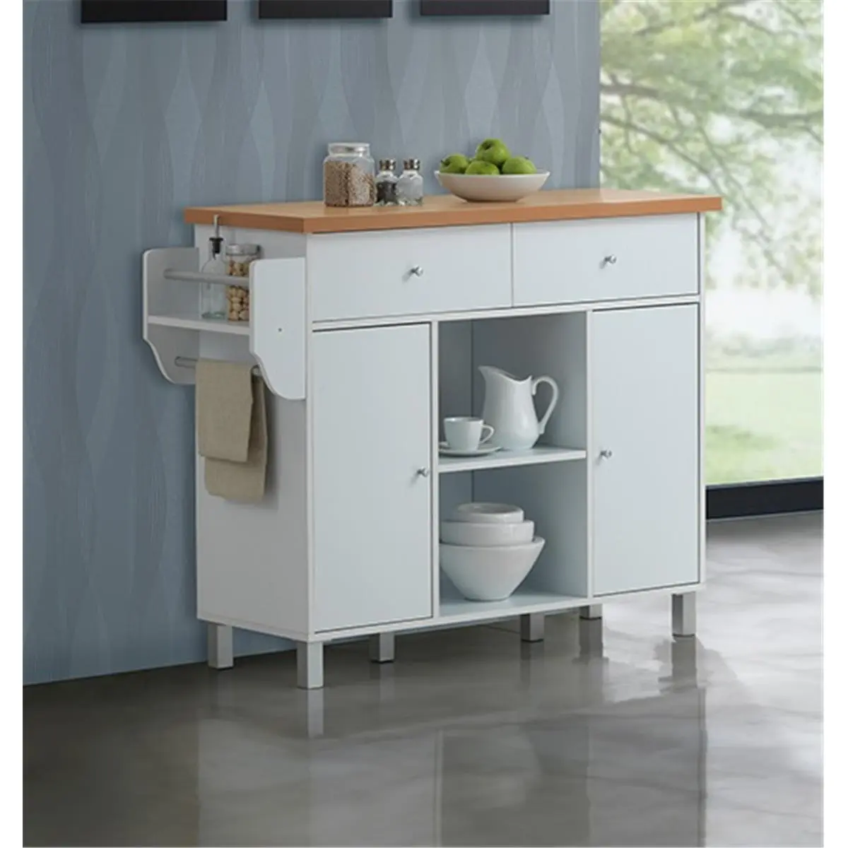 Hodedah Wood Kitchen Island with Storage, Spice Rack, Side Towel Rack, Sideboard Cabinet & Metal Legs (Chocolate-Grey, White, 35x46.65x15.5in Finished Back)