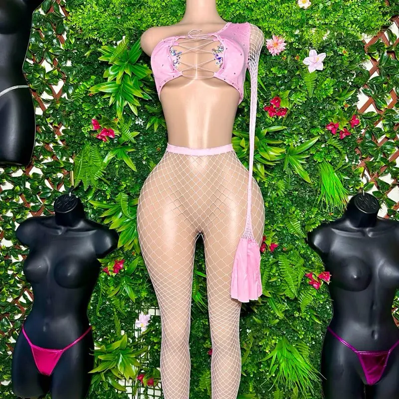 Pinky ( One-shoulder flare sleeve w/ matching fishnet bottoms)