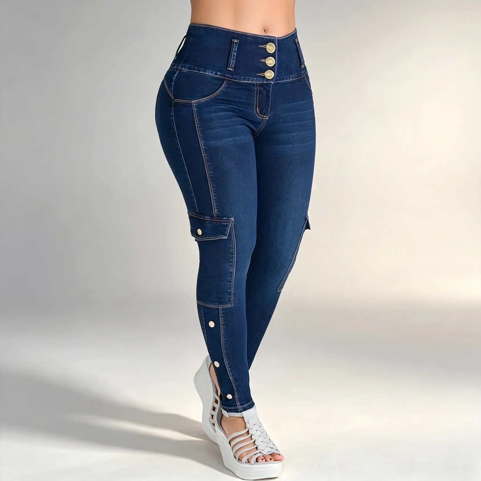 Three-button mid-rise cargo jeans, high stretch, butt-lifting, side cargo details, multi-pocket, slim tapered leg, full-length pants
