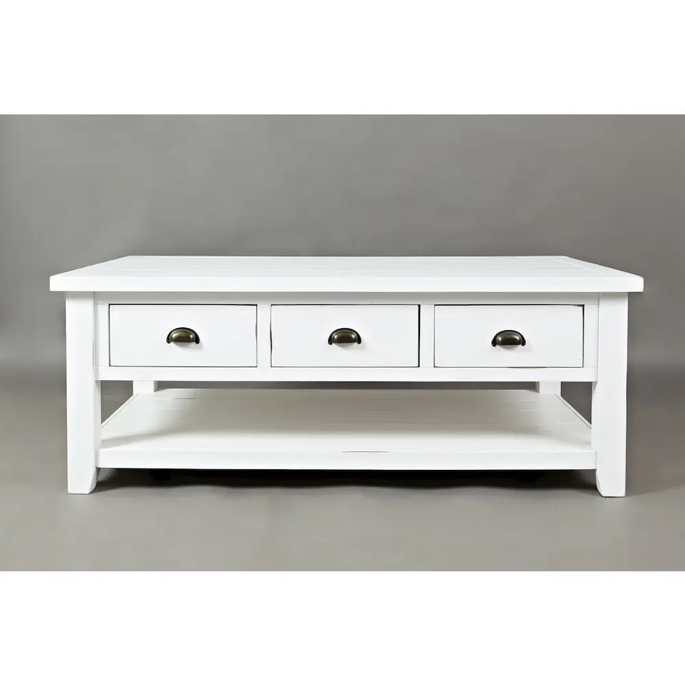 Artisan's Craft Rustic-Modern Distressed Look Solid Wood Coffee Table with Sturdy Base, Surface Variation, 3 Drawers, Three Drawers