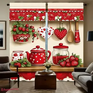 2-Piece Tea Pot Fruit Print Curtains, Fashionable Rod Pocket Window Drapes for Kids' Room Bedroom Living Room, Comfortable Atmosphere, Easy Install Curtain