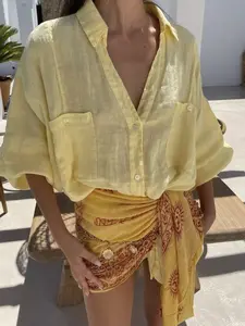 Women's Vacation Casual Lantern Sleeve V Neck Shirt Blouse, Summer Thin Breathable 3/4 Sleeve Sun Protection Top with Pockets