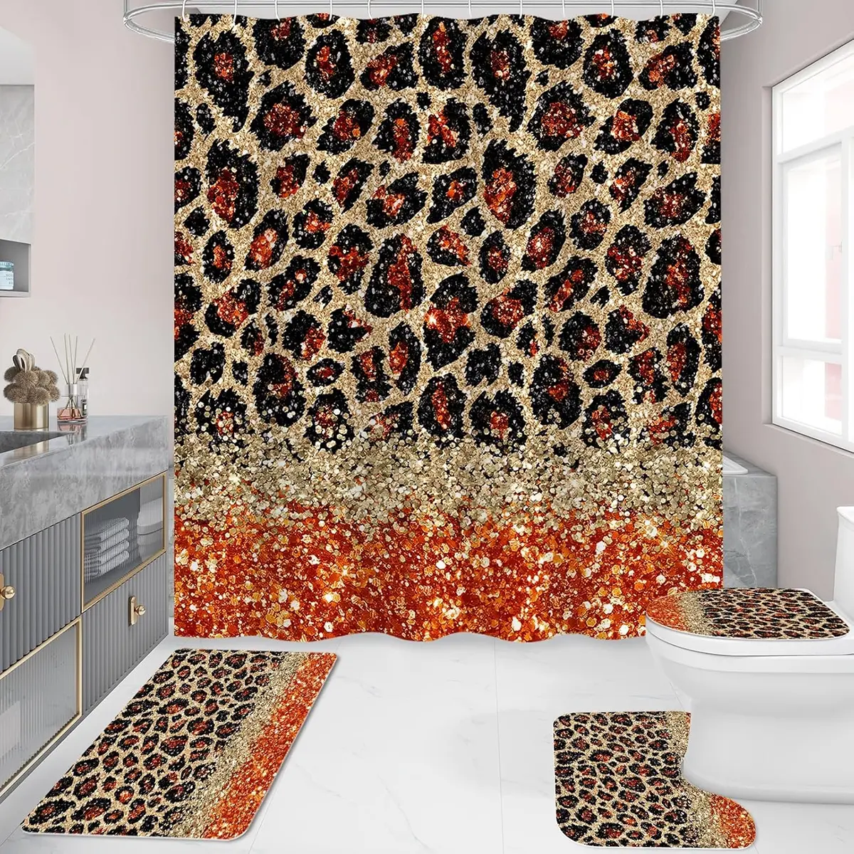 1/4pcs shiny orange leopard print shower curtain set, non-slip floor mat, U-shaped carpet, toilet lid cover, perfect for bathroom decoration, partition, beautify the space, Restroom, Shower Essentials, free 12 shower curtain hooks