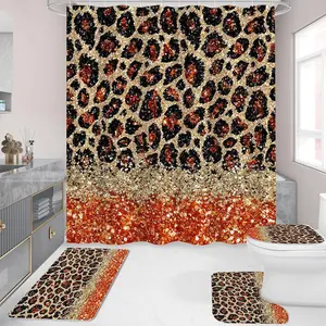 1/4pcs shiny orange leopard print shower curtain set, non-slip floor mat, U-shaped carpet, toilet lid cover, perfect for bathroom decoration, partition, beautify the space, Shower Essentials, free 12 shower curtain hooks