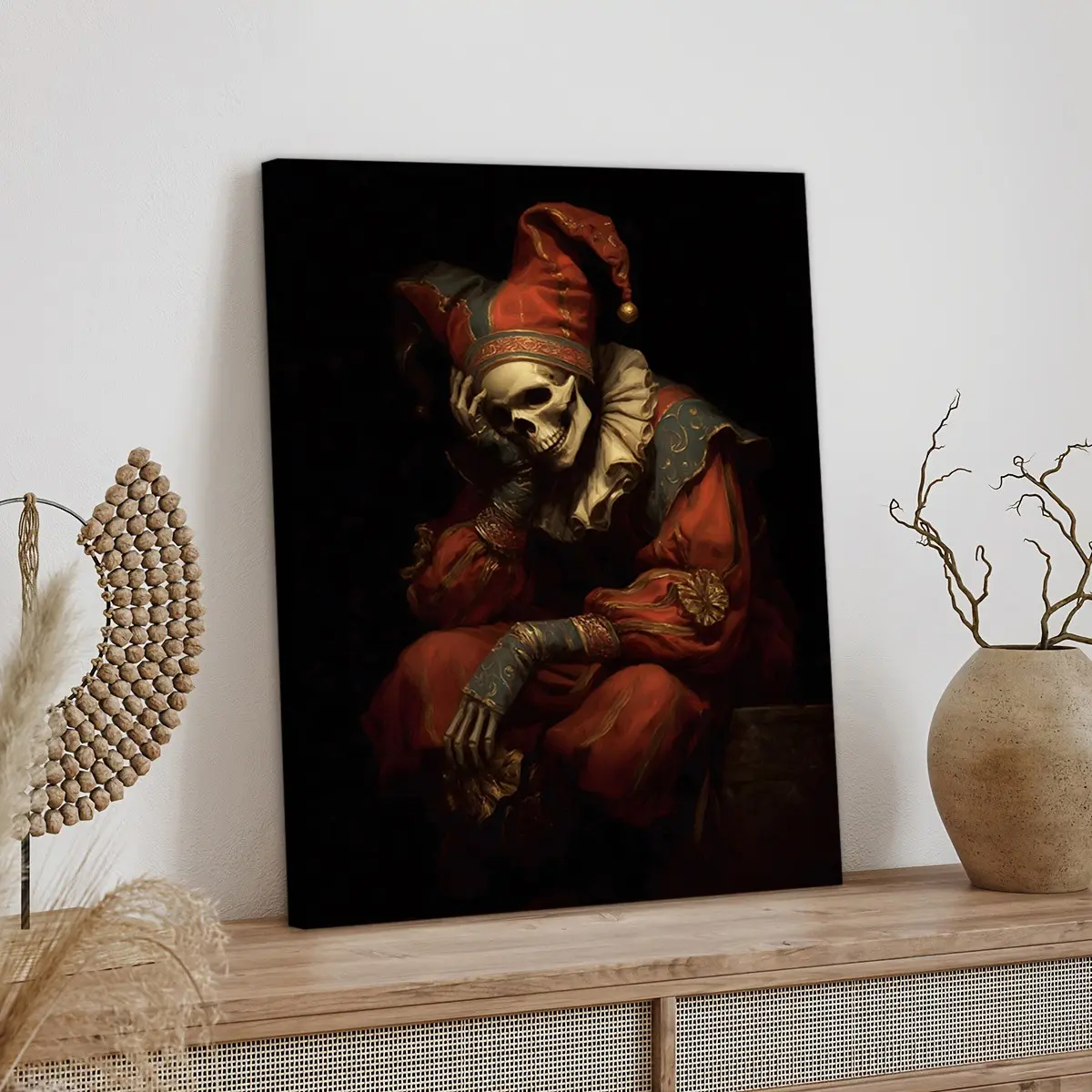 1pc Wooden Framed, Gothic Skeleton Jester Portrait Poster, Artistic Renaissance Dark Academia Art Print, Modern Wall Art Canvas Painting, Vintage Wall Art, For Bathroom, Bedroom, Office, Living Room, Wall, Room, Home Decor Ideas